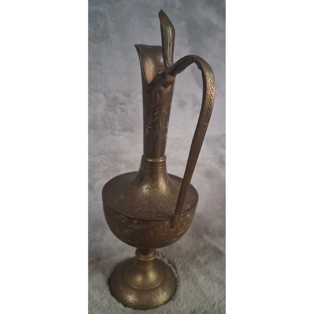 Vtg Etched Brass Pitcher Ewer Floral Hand Crafted India Aftaba Moorish Styl 9.5
